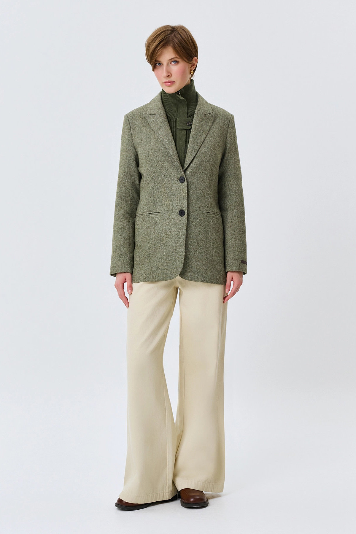 Классический оливковый жакет с узором Herringbone, 52