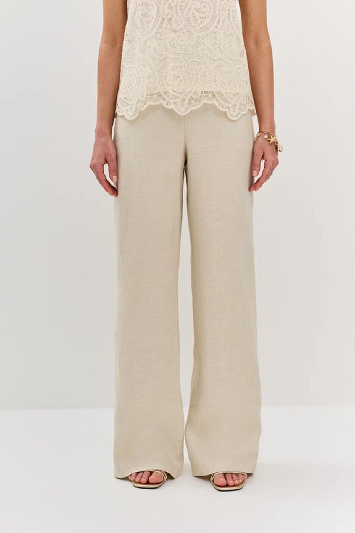 Льняные брюки с брендированной вышивкой, 52р