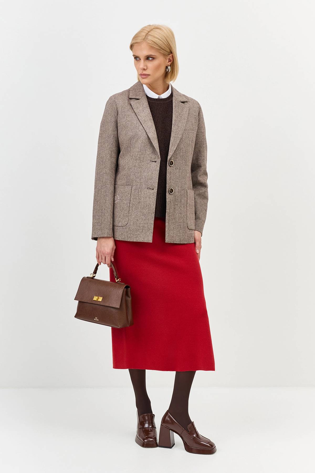 Лимитированная серия жакет из шерстяного твида в цвете Мокко с ремнем, 42