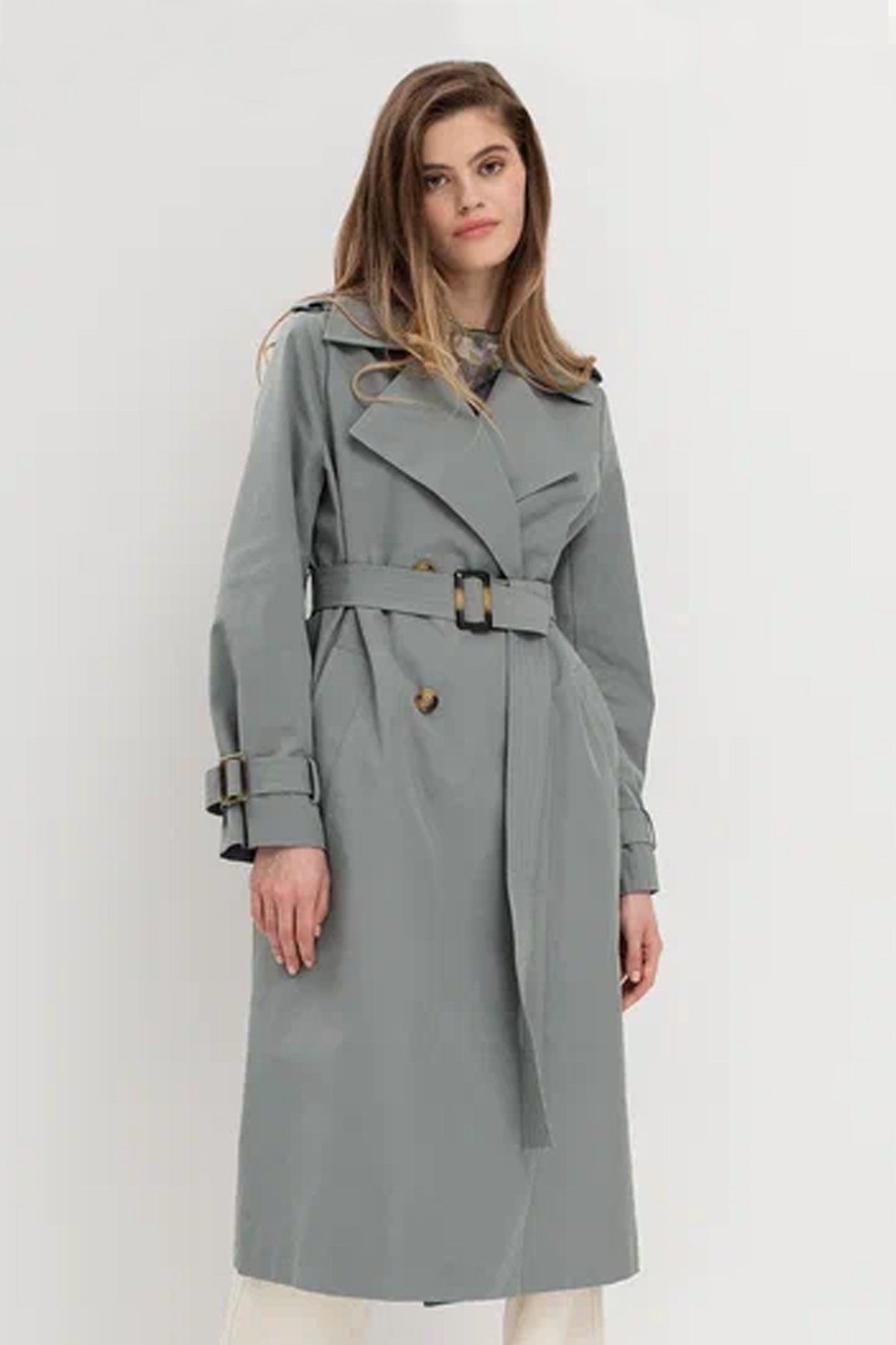Двубортный oversize тренч серо-голубого цвета, 50р