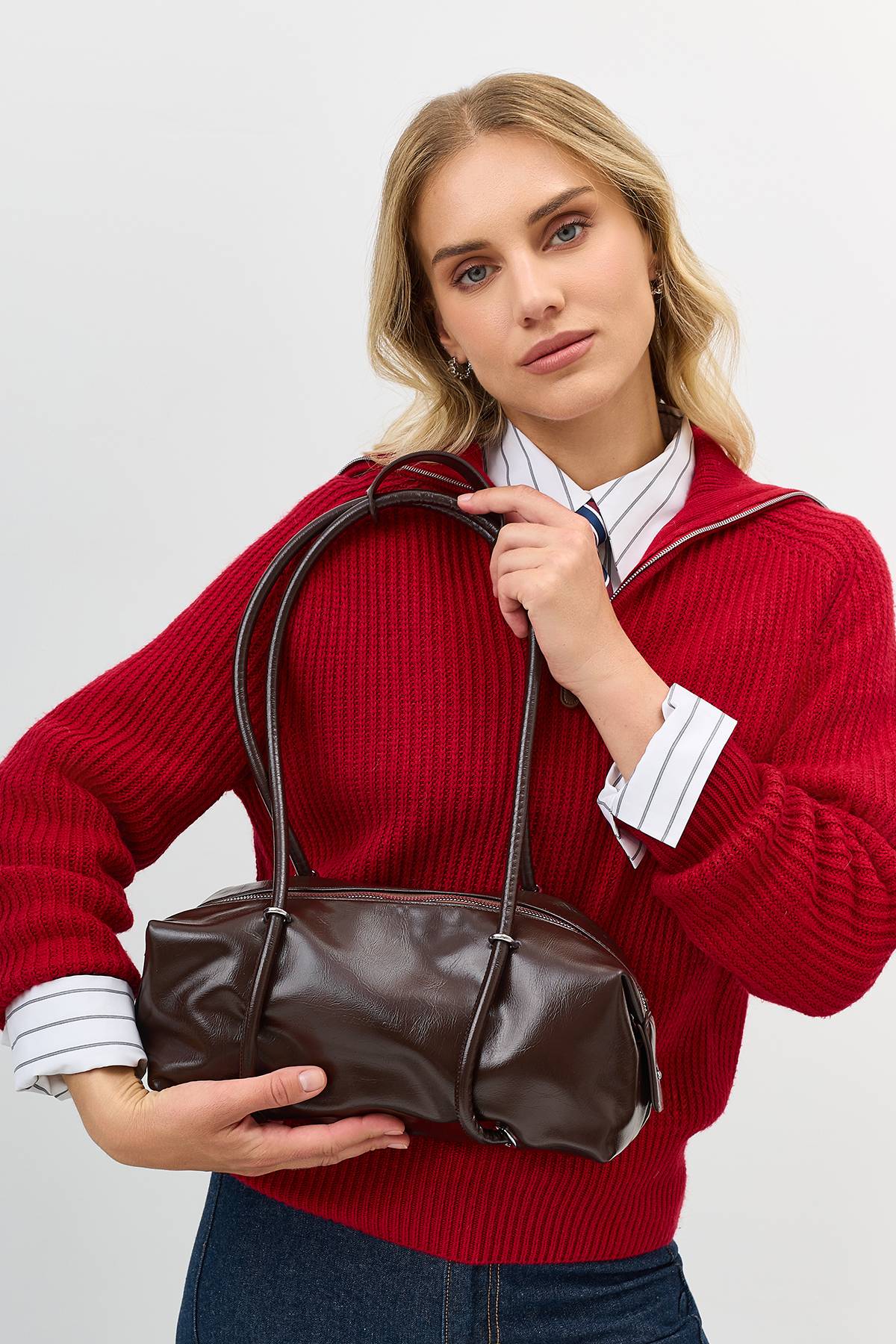 Лимитированная серия красный свитер с отложным воротником на молнии и ремень, 42