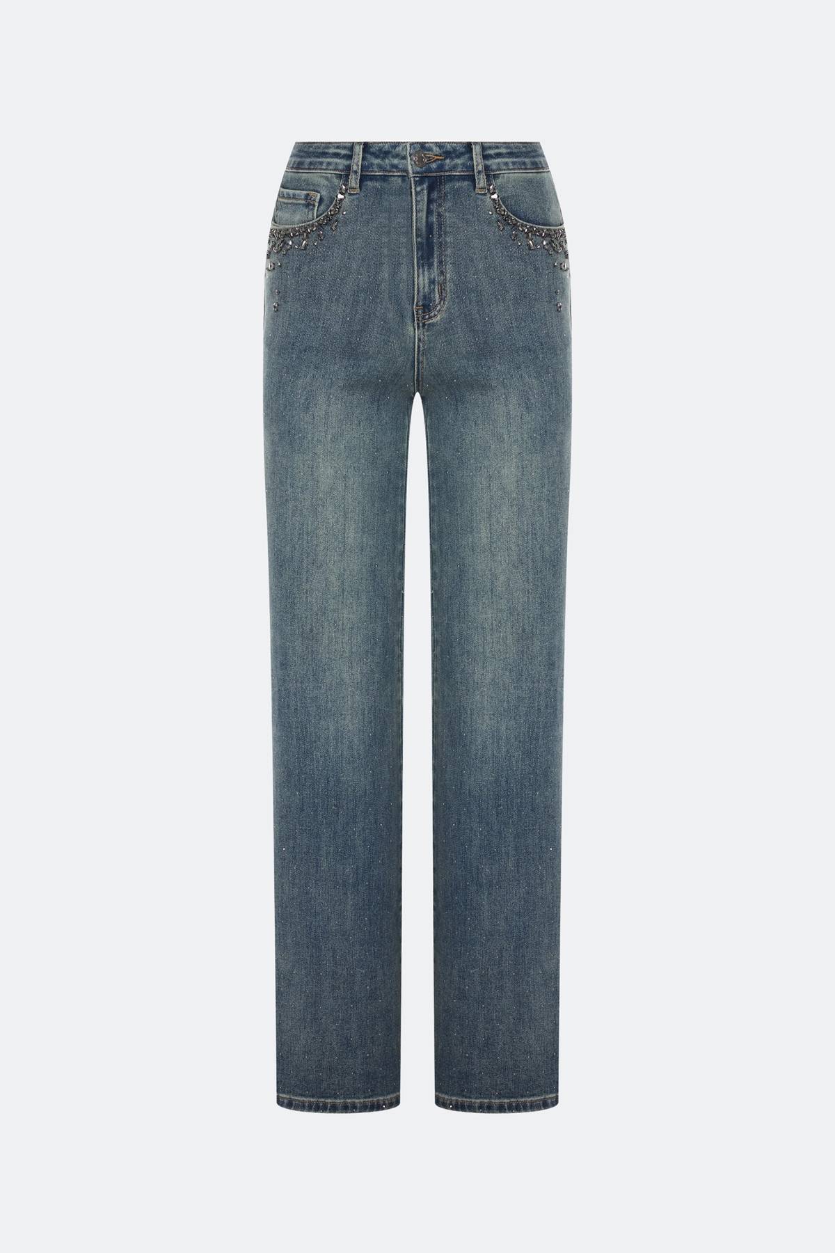 Джинсы с декором из мерцающих страз, 40