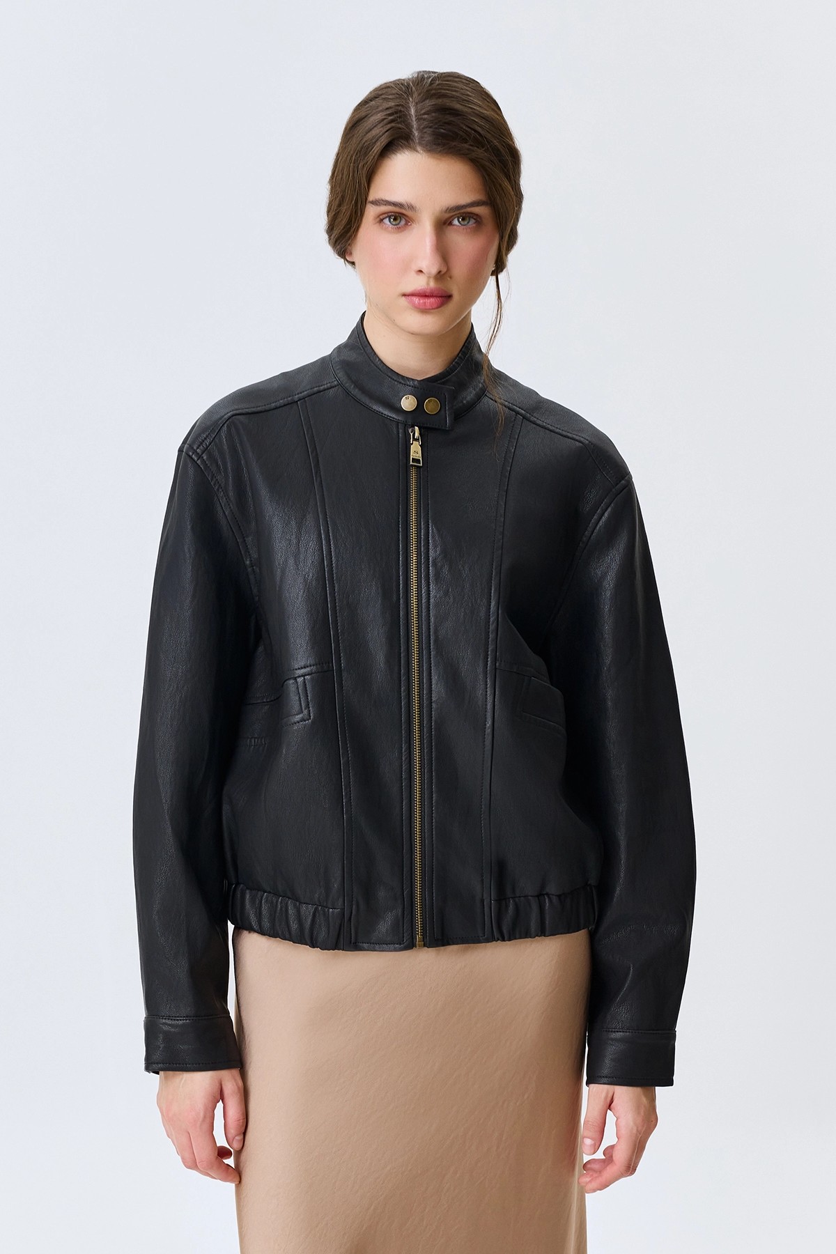 Куртка из эко кожи с воротником-стойкой, 42