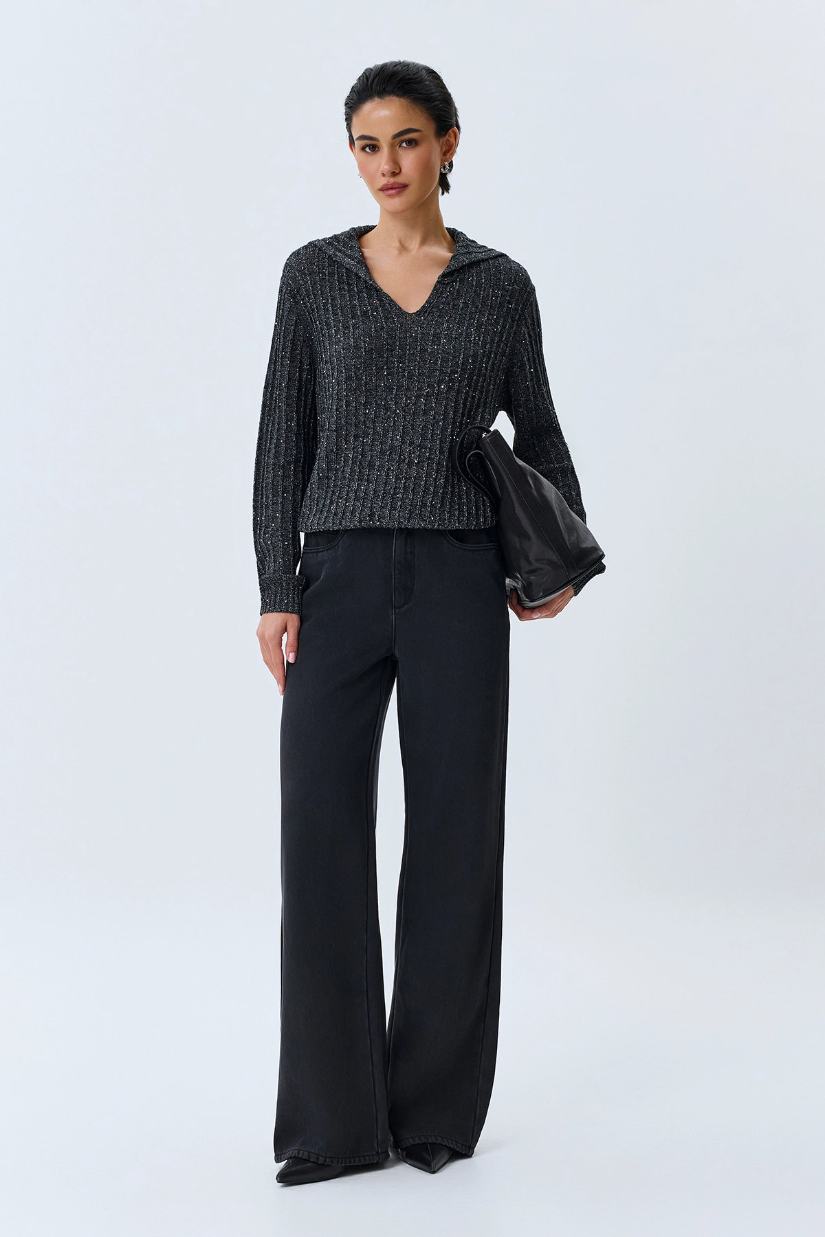 Утепленные черные джинсы Wide leg, 46